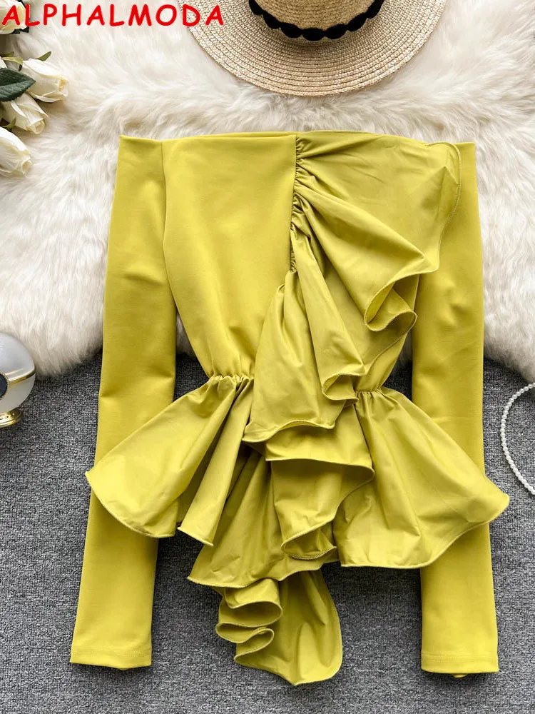 

ALPHALMODA 2022 Spring New Ruffled Long-sleeved Fashion Blouse Slash Neck Slim Waist Women Chic Trendy Blouses Top