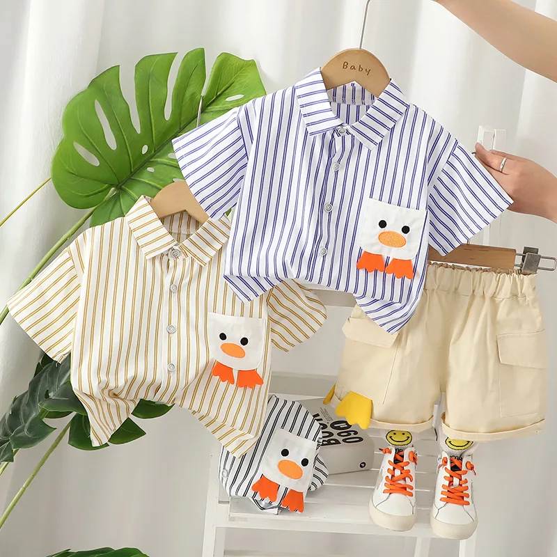 

New Summer Child Clothes Sets Short Sleeve Turn-down Collar Striped Print Duck 2 Piece Sets Designer Boys Clothes Sets 12M-5T