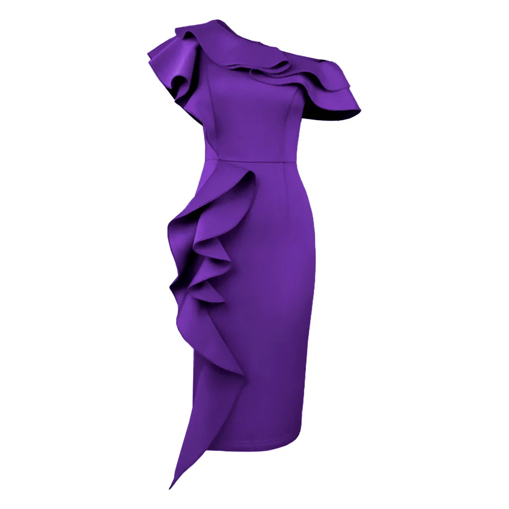 Plus Size Fat MM Women's Oblique Shoulder Lotus Leaf Side Dress Large Lady Style Split One Step Dress Party Dress