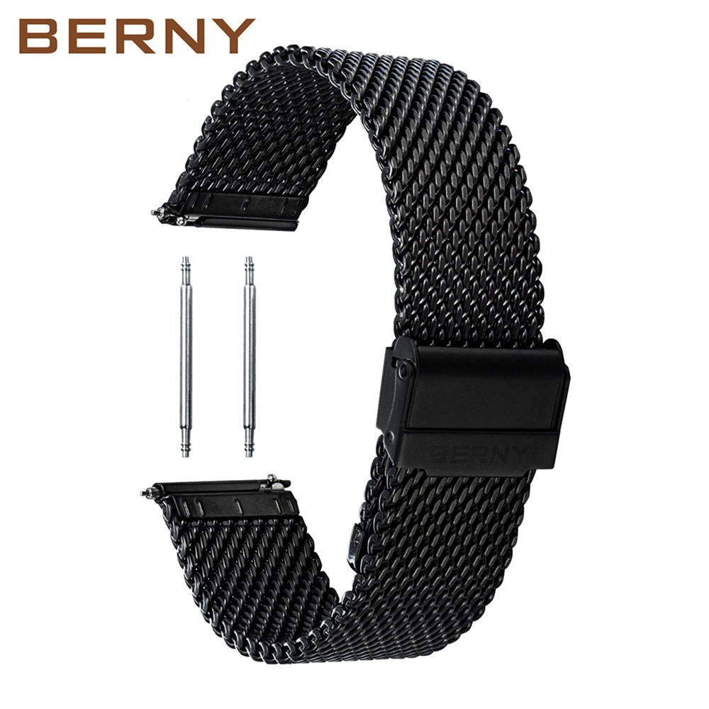 BERNY Watch Band for Mens Quick Release Adjustable Milanese Bracelet Mesh Watch Straps 18 20 22 24 mm Stainless Steel Watchbands