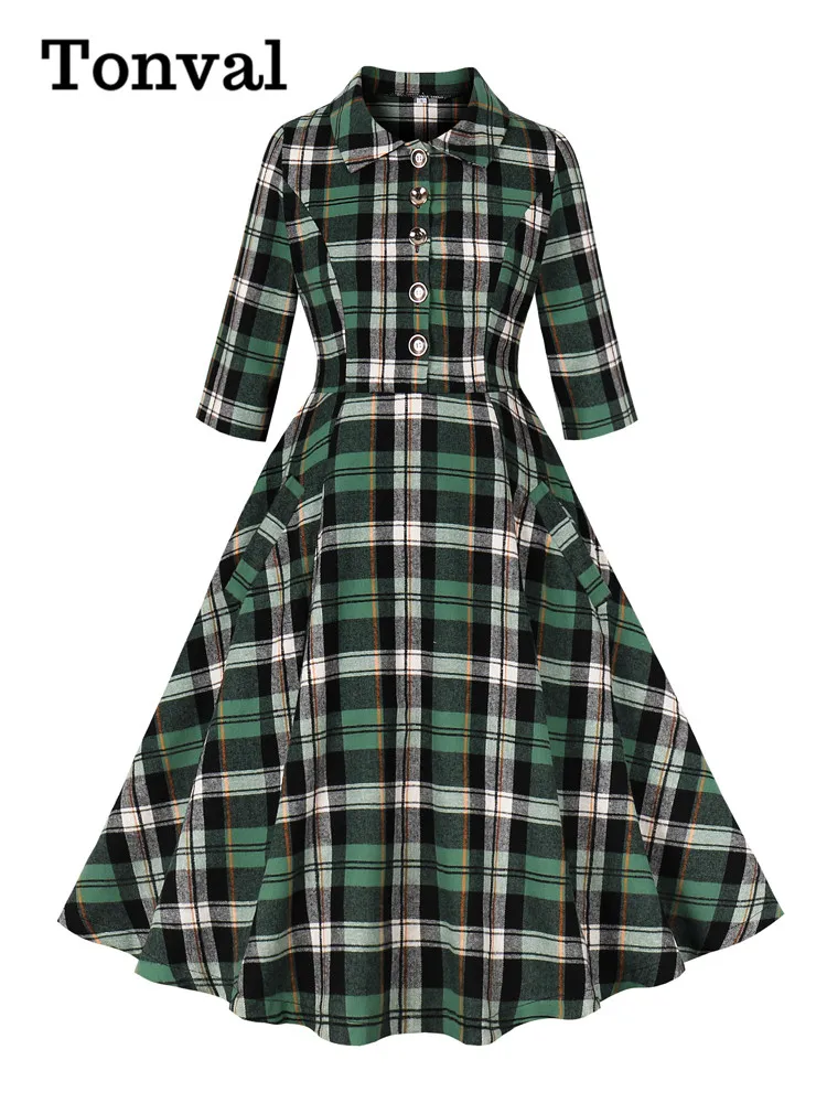Tonval клетчатые рокабилли рождественские платья с отложным воротником для женщин
