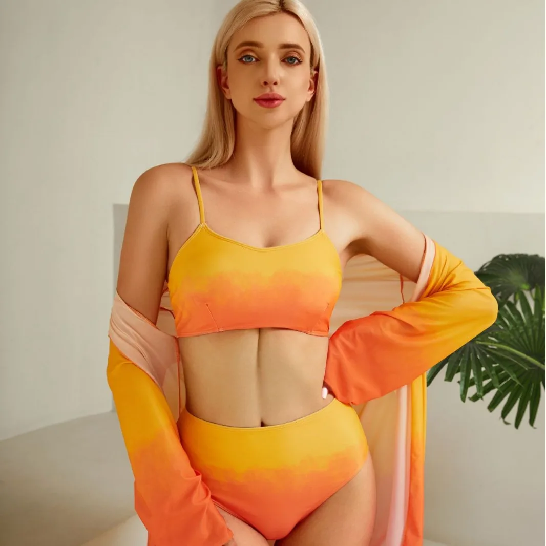 Новинка 2024 3 предмета оранжевый купальник-бикини и кимоно женский купальник