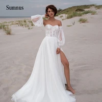 sexy lace appliques beach wedding dress detachable puff sleeve strapless high slit open back elegant women formal bride gown