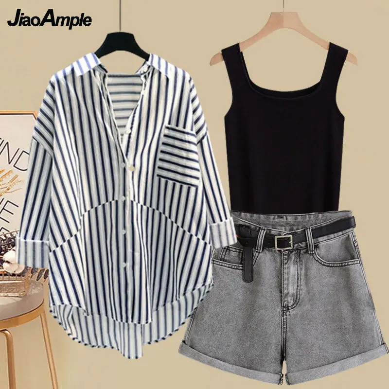 

2023 Summer Women's Casual Shirt Vest Denim Shorts 1 or 3 Pcs Set Lady Fashion Stripe Loose Blouse Jeans Tank Top Outfits