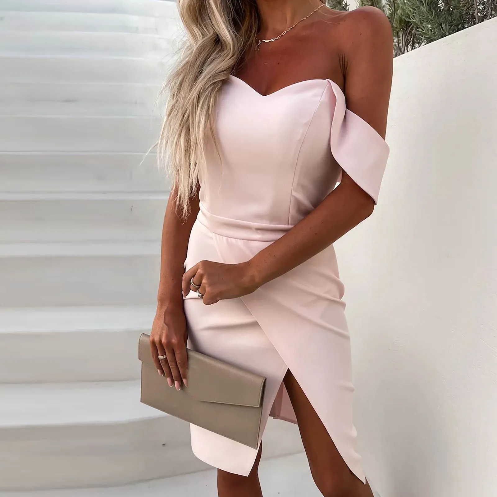 

French Fashion Elegant Tube Top Off-the-shoulder Short Sleeve High Waist Lace-up Slit Tight Fashion Dinner Elegant Women Dress