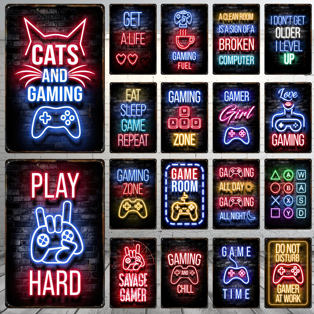 Neon Light Game Room Handle Metal Tin Sign Poster Decorative Plaque Iron Sheet Painting Men Cave Garage Club Wall Art Home Decor