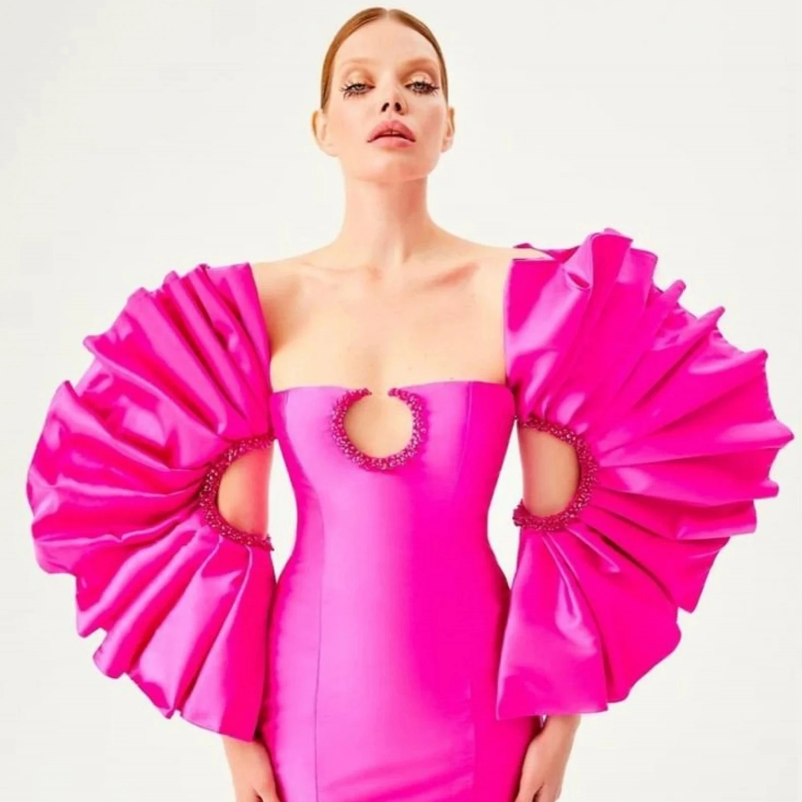 

Hot Pink New Fashion Detachable Sleeves For Evening Party Half Round Pleated Full Removeable Sleeves With Beads