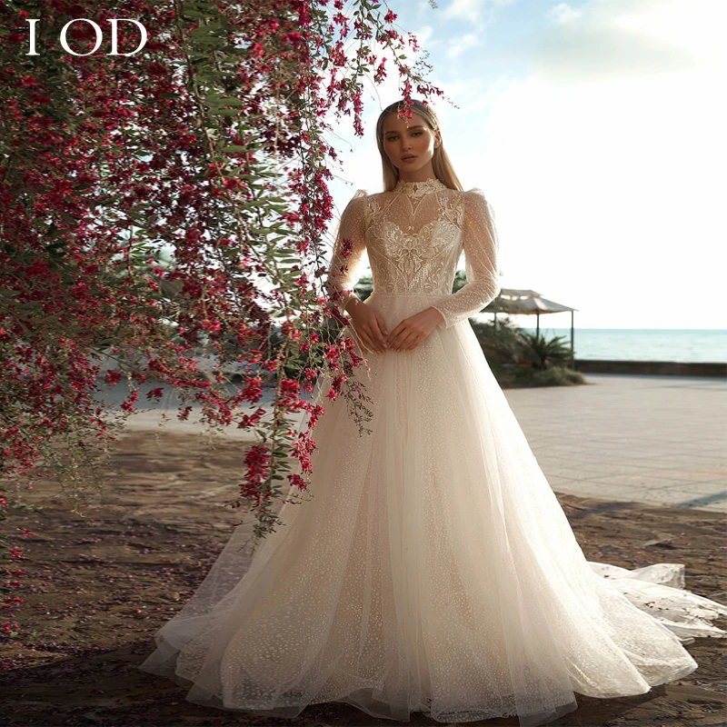 

I OD 2023 A Line Tulle Princess Appliques Wedding Dress High Neck Button Back Long Sleeve Court Train Robe De Mariee