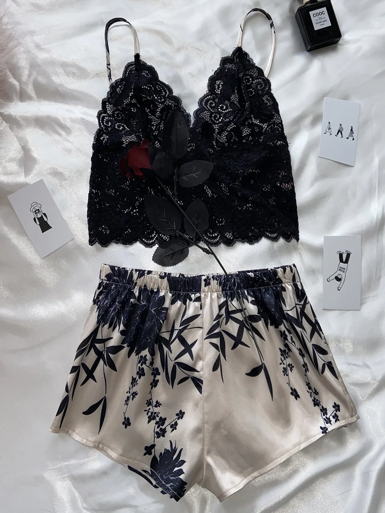 

Lace Crop Cami Top & Floral Print Satin Shorts Night Set
