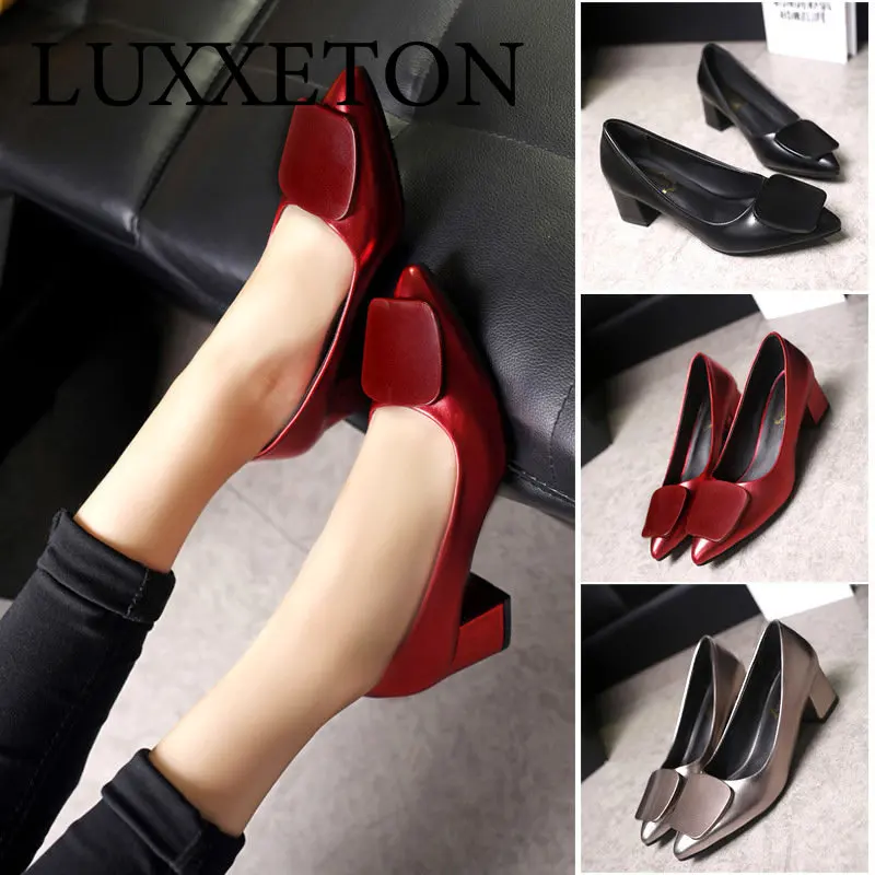 

Pointed Toe Single Shoes Thick Heel Square Buckle Women Midheel Casual Lowtop Solid Color Fashion Shoe Summer
