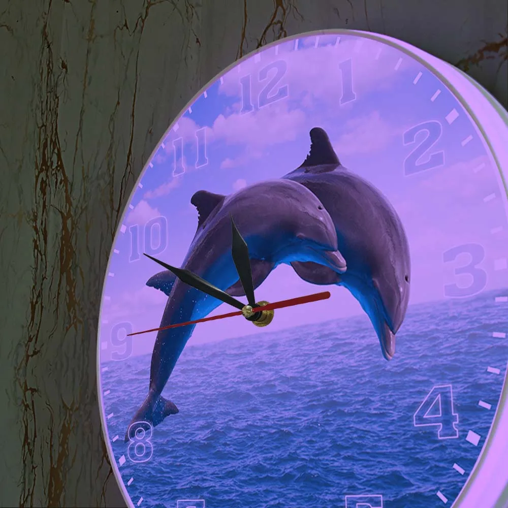 Два прыгающих дельфина морской пейзаж синие настенные часы глубоководные воды