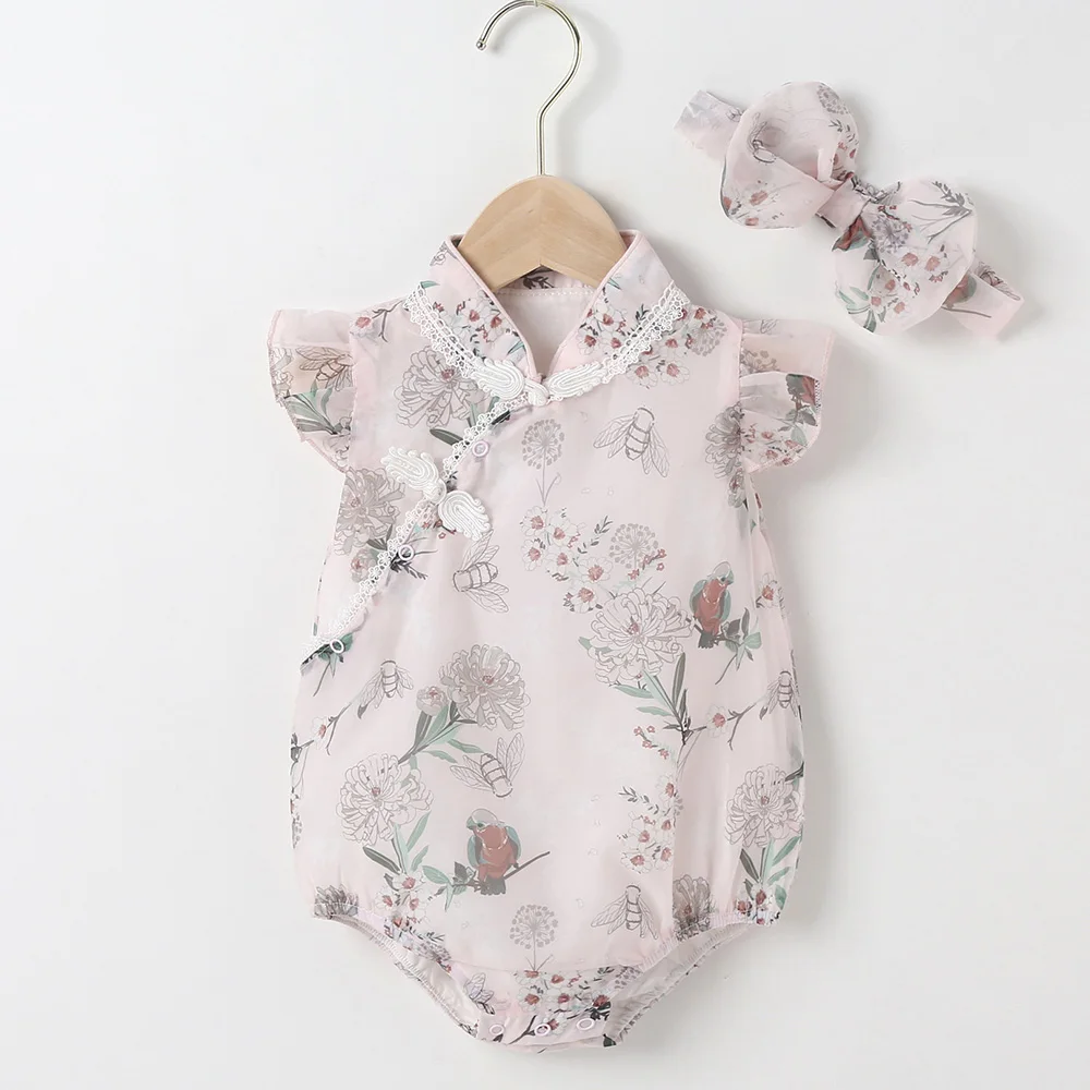 Chinese Style Baby Girl Onesie Summer Cotton Flying Sleeve Floral Newborn Clothes Princess Infant Bodysuits