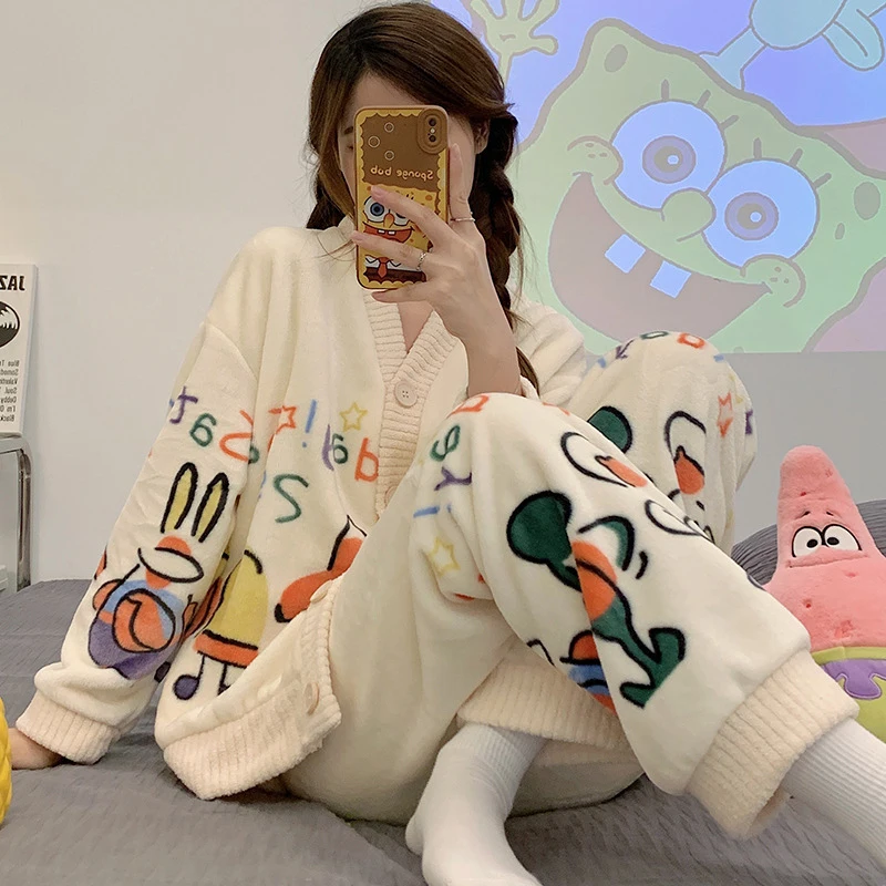 

2022 Winter Flannel Pyjamas Cartoon Long Sleeve Coral Fleece Warm Sleepwear Long Wear Women Pajamas Animal Pajamas Sets