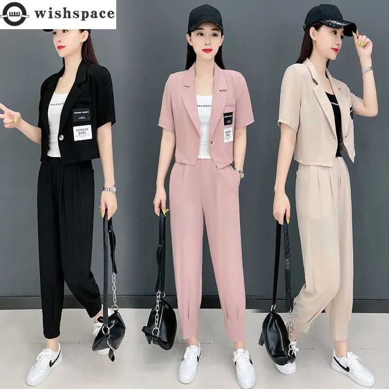 Korean Style Slim Fitting Short Sleeved Jacket Casual Cropped Pants Two-piece Elegant Women's Pants Set Office Outfits Clothes