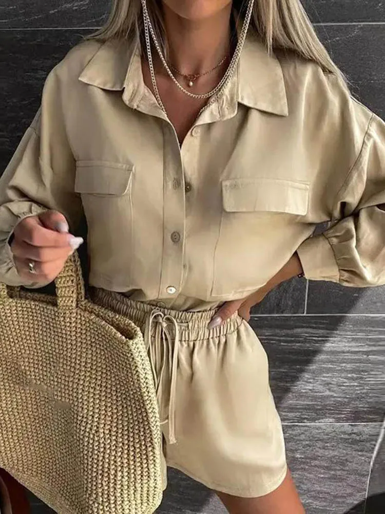 

2022 Spring Autumn Casual Loose White Set For Women Button Lapel Shirt Top + Lace Up Shorts 2 Piece Suit Fashion Streetwear Sets