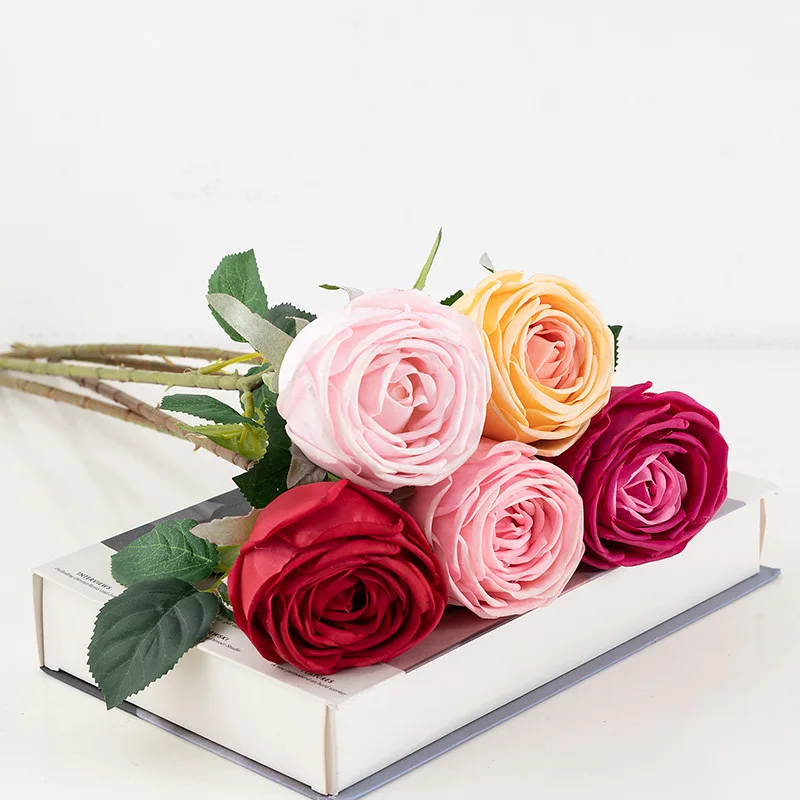 

5Pcs Single-head Round Rose Flowers Feel Moisturizing Rose Wedding Decor Bridal Bouquet Home Living Room Decoration Fake Flowers