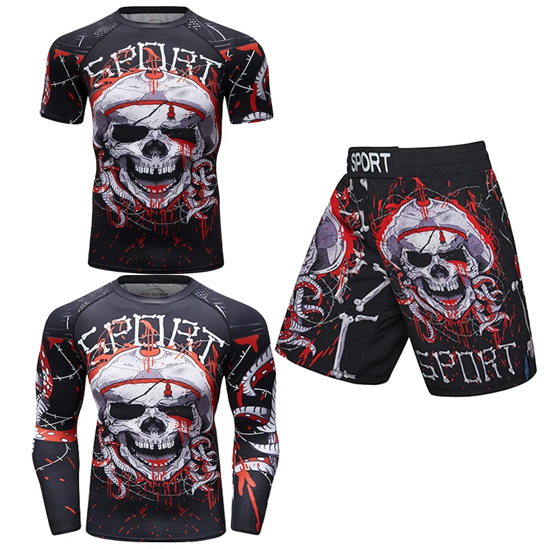 

Men Rashguard T-shirts+Pants Boxing Muay Thai MMA Shorts Set Skull Rash Guard Jiu Jitsu T-shirt Bjj Kickboxing Boxeo Sportsuits