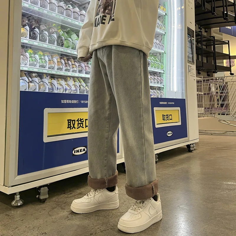 Winter Plush Thickened Jeans Men Warm Fashion Casual Straight Jeans Men Streetwear Korean Loose Thick Denim Pants Mens Trousers