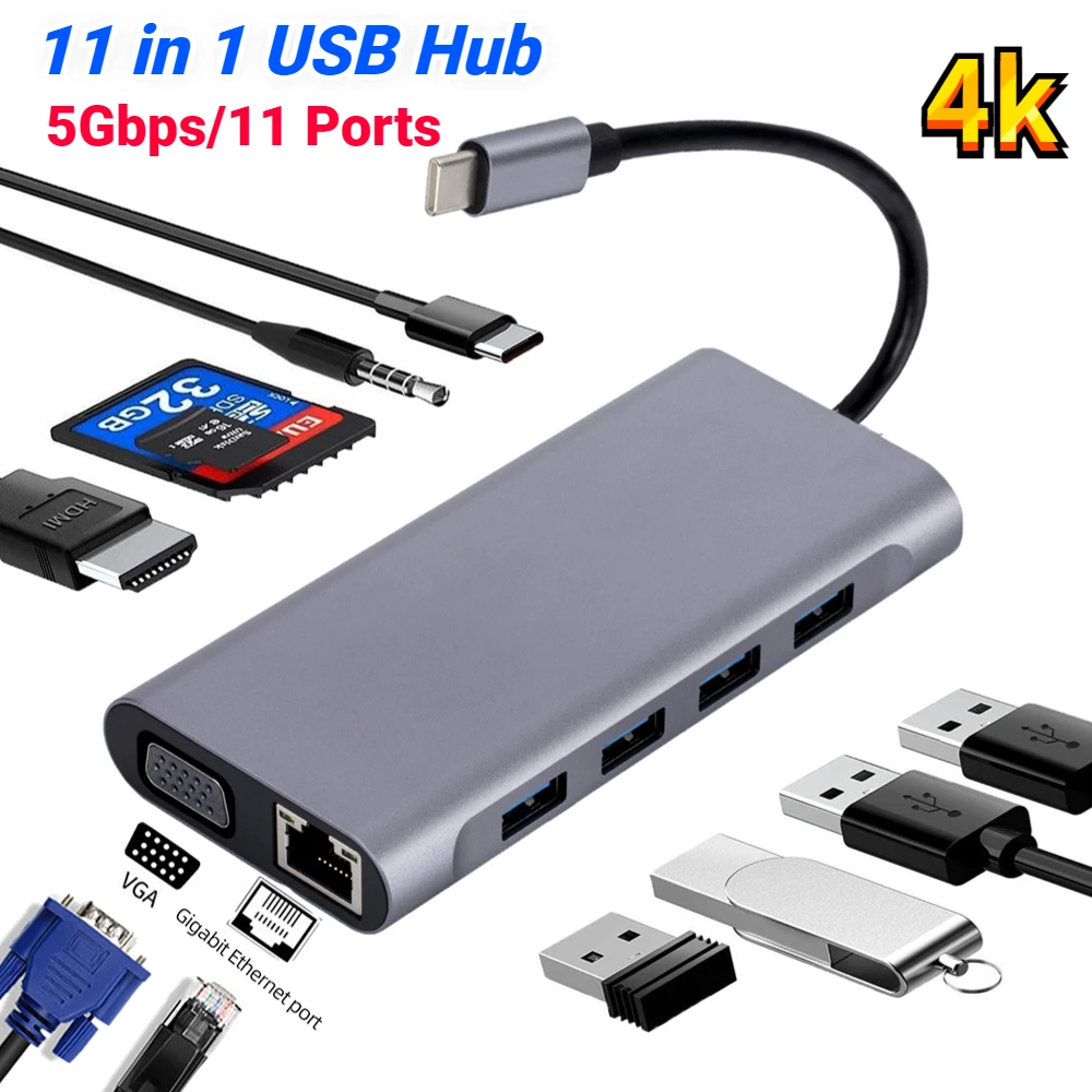 

USB C HUB Type C to 4k HDMI-compatible USB 3.0 Adapter 11 in 1 Multi Port Multipuerto Dock Station for MacBook/Notebook Laptop