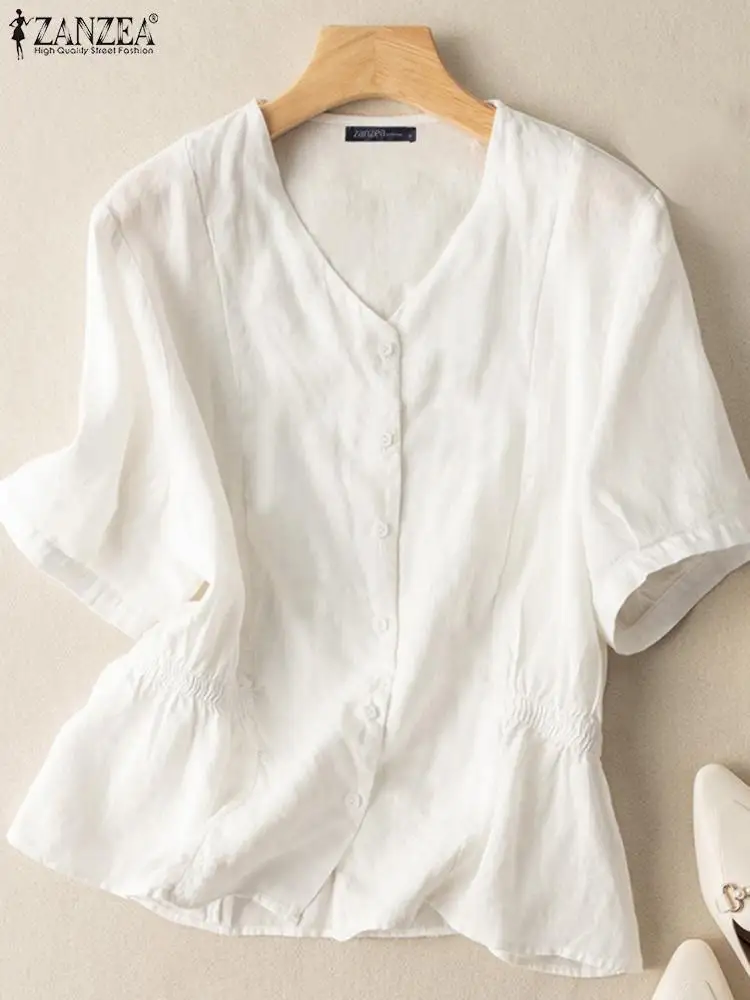 

ZANZEA Women Summer Short Sleeve V-Neck Blouse Fashion OL Shirt Elegant V Neck Blusa Femme 2022 Casual Solid Cotton Top Oversize