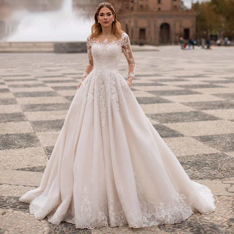 

New Arrival Luxury Beaded Appliques A-Line Wedding Dress 2022 Elegant Scoop Neck Long Sleeve Bride Vintage Wedding Gown