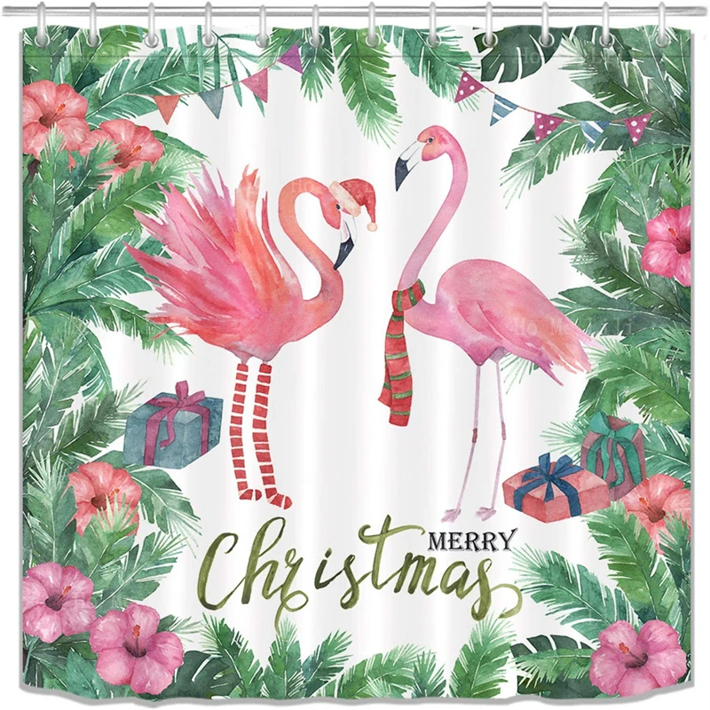 

Christmas Cute Red Flamingo With Xmas Hat Snowflake Green Tropical Plant Palm Leaves Holiday Shower Curtains Set Bathroom Decor