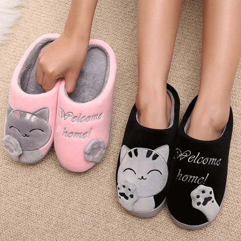 

Women Winter Home Slippers Cartoon Cat Non-slip Warm Indoor Bedroom Floor Shoes Woman Plush Slippers Faux Fur Slides Flip Flops