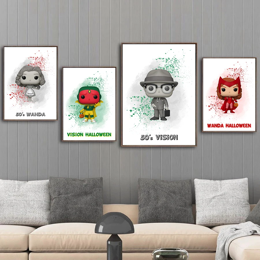 

Disney Wanda Vision Big Head Watercolor Poster and Print Cartoon Marvel Canvas Paintings Wall Art Picture Living Room Home Decor