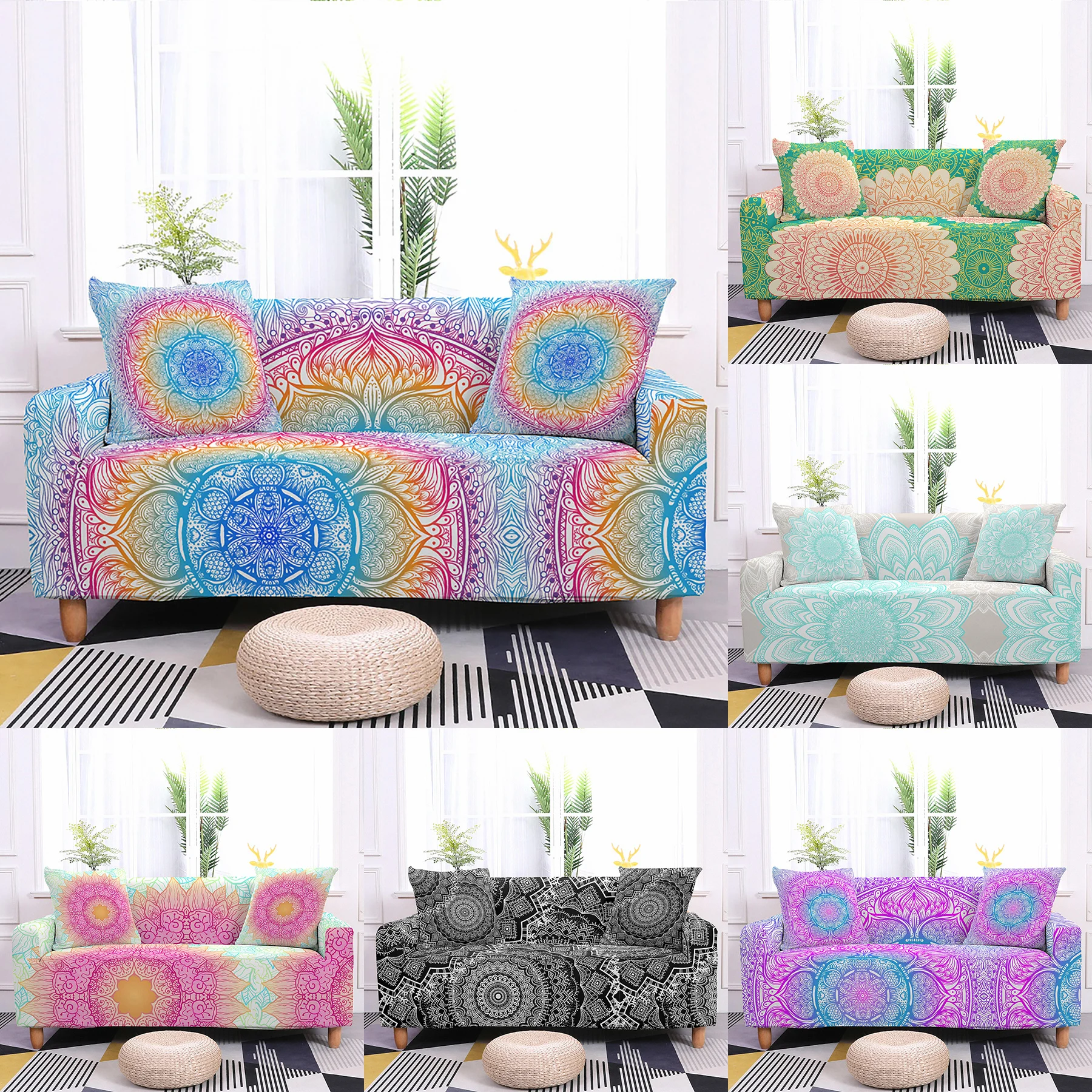 

Mandala Sofa Covers for Living Room Sectional Corner Sofa Cover Removable Elastic Couch Slipcovers Sofa Protector 1-4 Seats