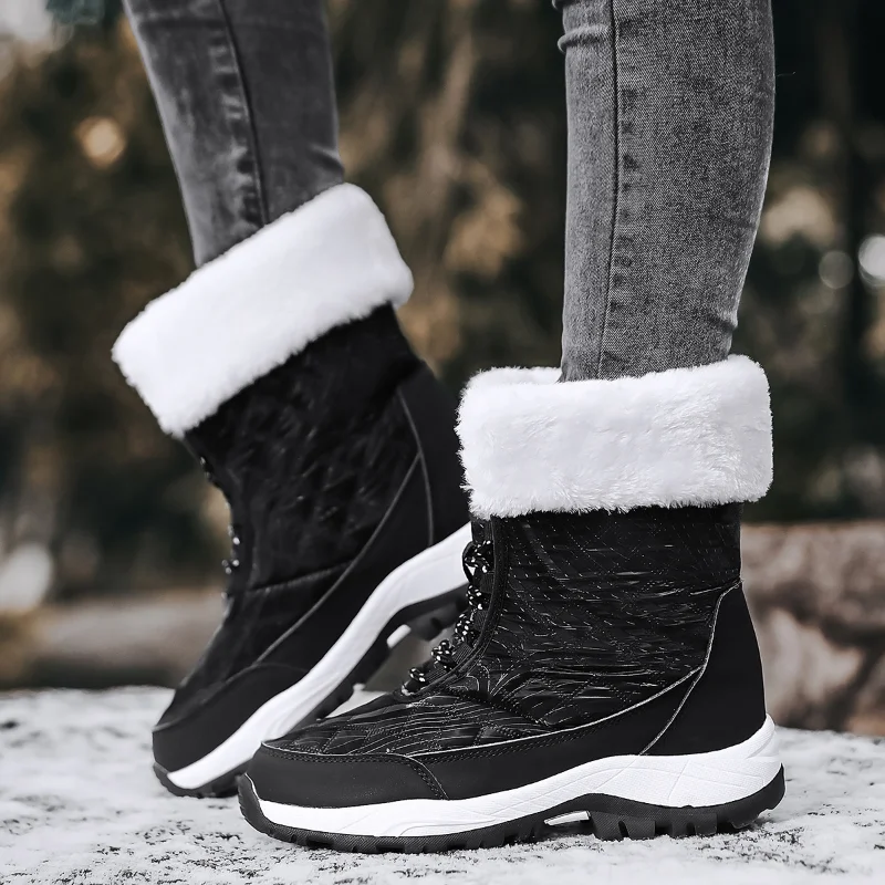 Winter Women Boots Outdoor Trendy Black Ankle Boots Waterproof Snow Boots Female Warm Fur Fashion Boots Platform Mid Calf White