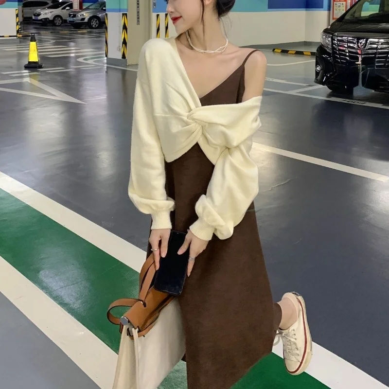 

Женский вязаный комплект из 2 предметов, повседневное однотонное платье-свитер средней длины с длинным рукавом, элегантное цельное платье в Корейском стиле, зима 2021