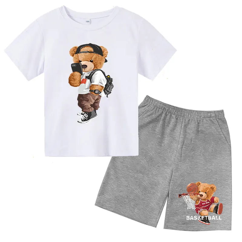 

New Cartoon Basketball Bear Suit Children Short-sleeved Clothes T-shirt Suit Basketball T-shirt Suit Summer Boys and Girls Baby