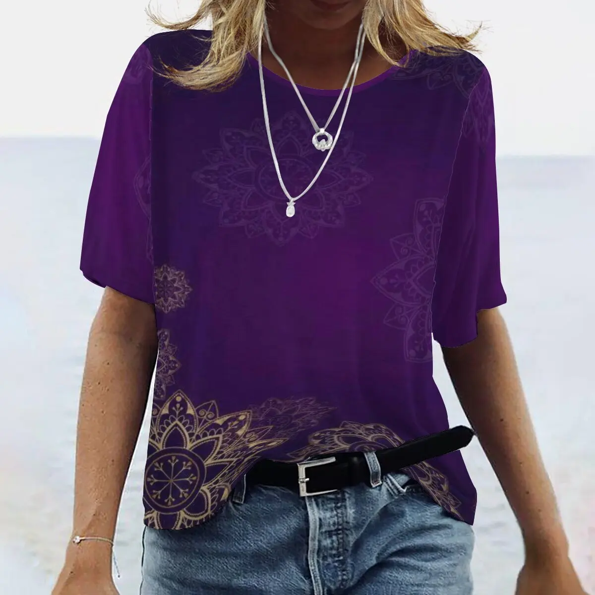 

SNAKE YX Ladies New Fashion Printed Round Neck Short Sleeve Top XXS-10XL