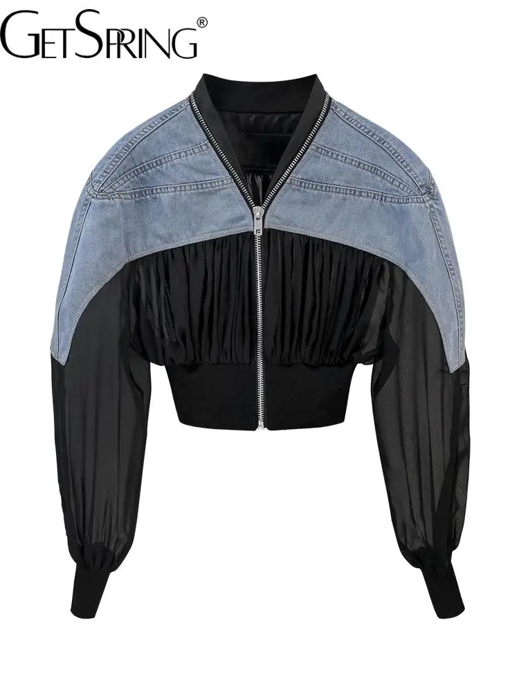 

GetSpring Women Coat Early Autumn Stand Collar Zipper Denim Stitched Knitted Full Sleeve High Waist Short Ladies Jacket 2022 New