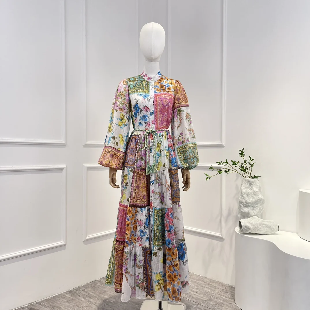 

2023 Top Quality Pure Cotton Multi Floral Printing Mandarin Collar High Waist Midi Dresses Women
