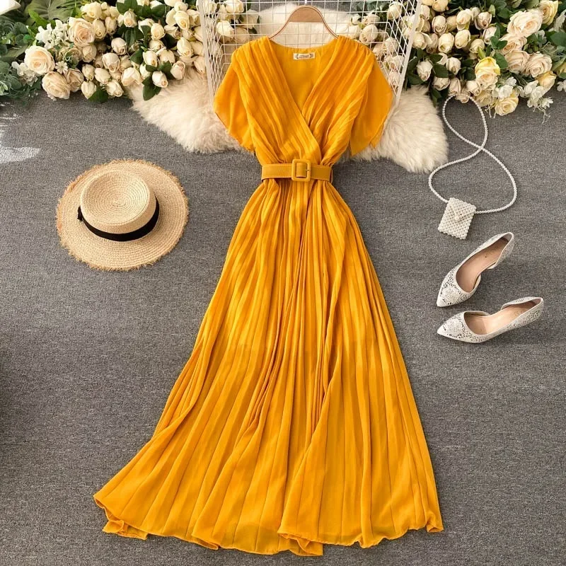 Французское женское плиссированное винтажное платье тонкое шифоновое