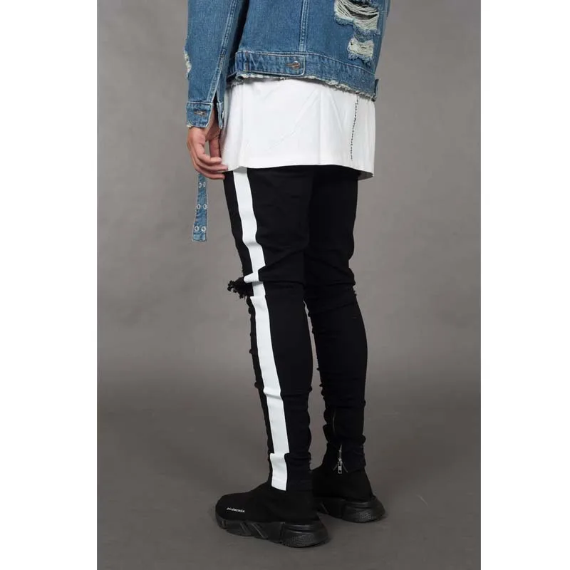 ZOOY Black Ripped Men Jeans Streetwear Stripe High Waist Zipper Fly Denim Pants Casual Hip Hop Clothes Men Full Length Trousers