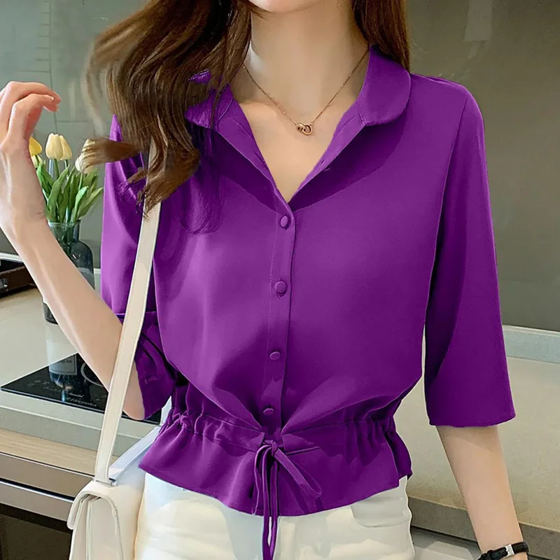 Fashion V-Neck Button Shirring Lace Up Shirt 2022 Summer Casual Tops Oversized Commute Women's Clothing All-match Korean Blouses