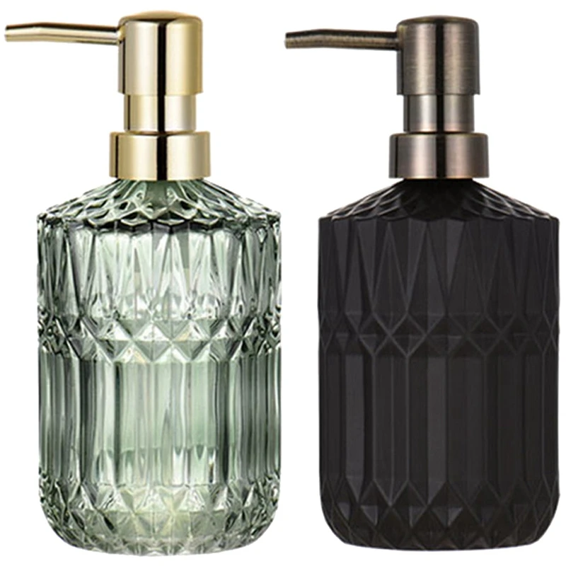

2 Pcs 400Ml Soap Dispenser Chic Glass Refill Empty Bottle Black & Green