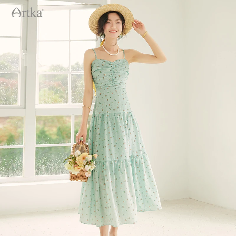 

ARTKA 2023 Summer New Elegant Floral Print High Waist Sleeveless Dresses Spaghetti Strap Chiffon Fold Long Dress Famale LA92145X