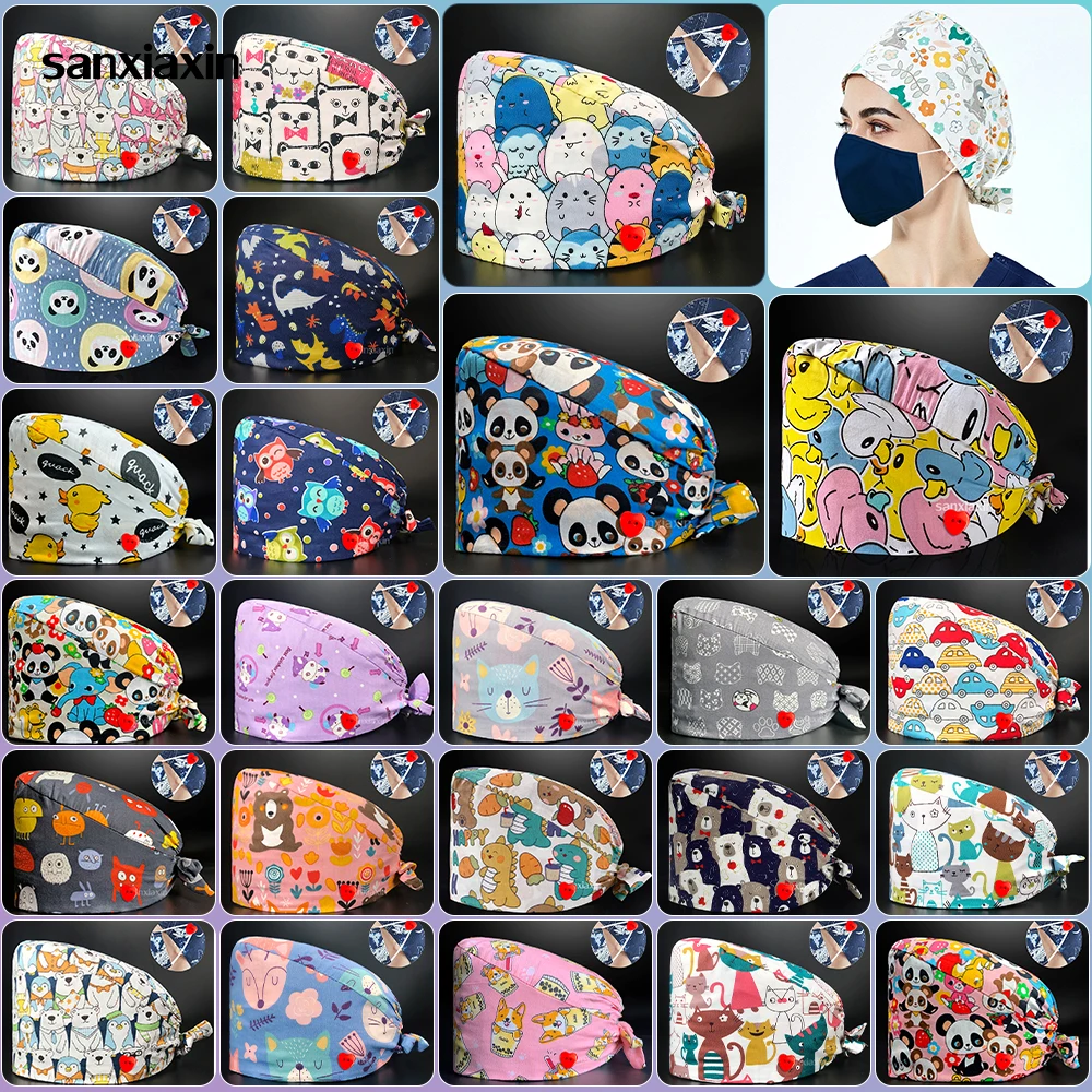 

Шапки шеф-повара с мультяшным принтом, медицинские шапки-скрабы, лабораторные аксессуары для медсестер, аксессуары для кормления, женские и мужские хирургические шапки для стоматологии