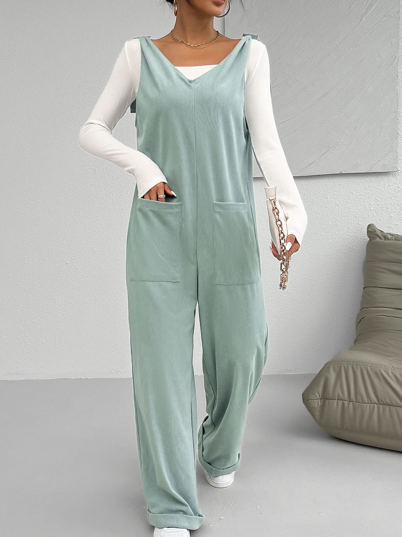 Женские Бархатные Комбинезоны Однотонные С Широкими Штанинами Повседневные В