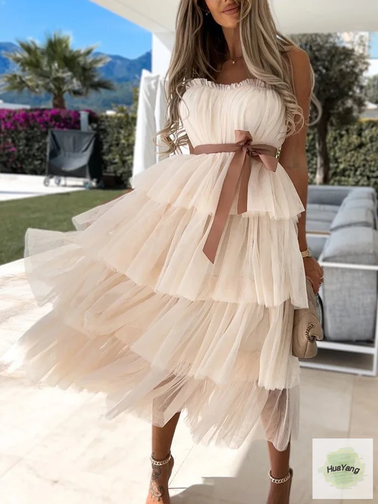 

HuYang Summer Women Cake Dress for Clothing Sexy Lace-Up Solid Strapless Ladies Party Dress Sleeveless Zipper Sweet Streetwear