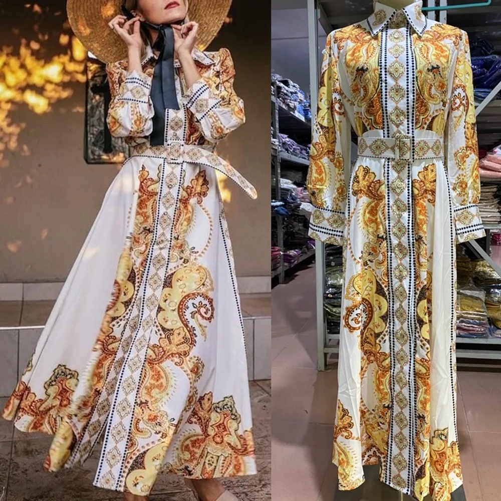 Muslim Fashion Printed Abaya Dress Female Caftan Long Sleeve Kaftan Moroccan Dubai Gown Arabian Jalabiya for Women