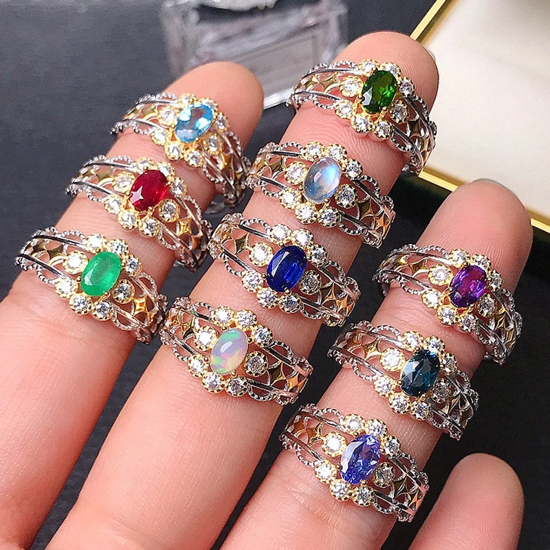

MeiBaPJ Factory Price Natural Emerald/Topaz/Ruby/Tanzanite//Diopside/Sapphair Rings for Women 925 Silver Fine Wedding Jewelry