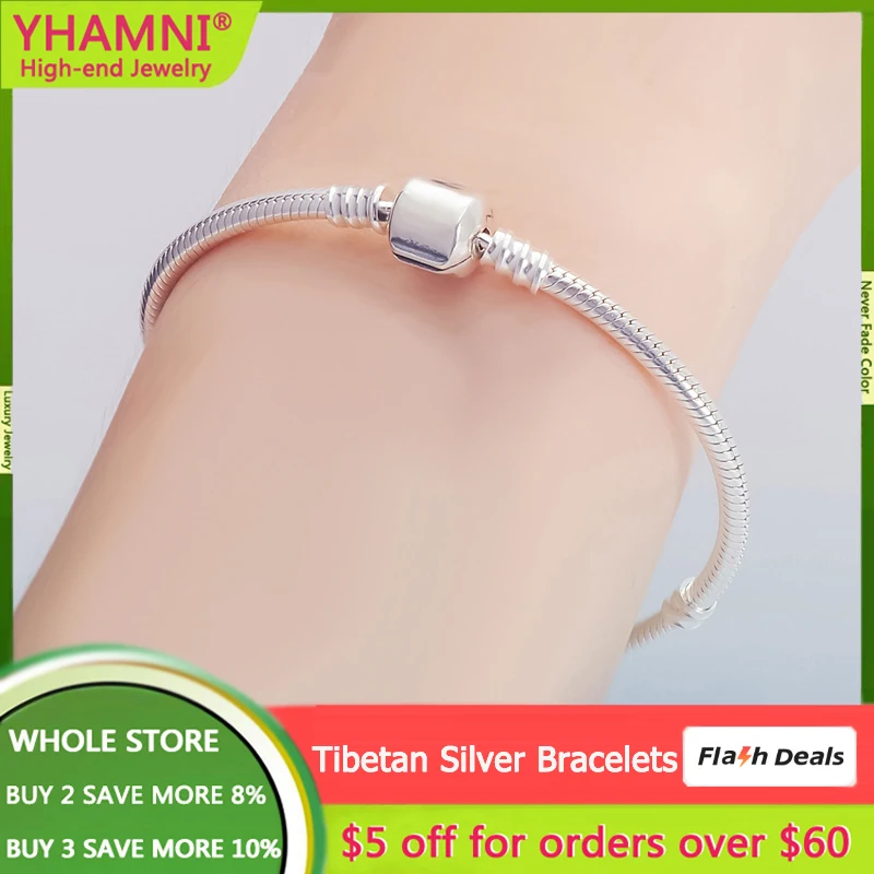 Купи YHAMNI With Credentials Classic Real Tibetan Silver Bracelet 3mm Soft and Smooth Snake Charms Bracelets Jewelry for Women SL005 за 299 рублей в магазине AliExpress