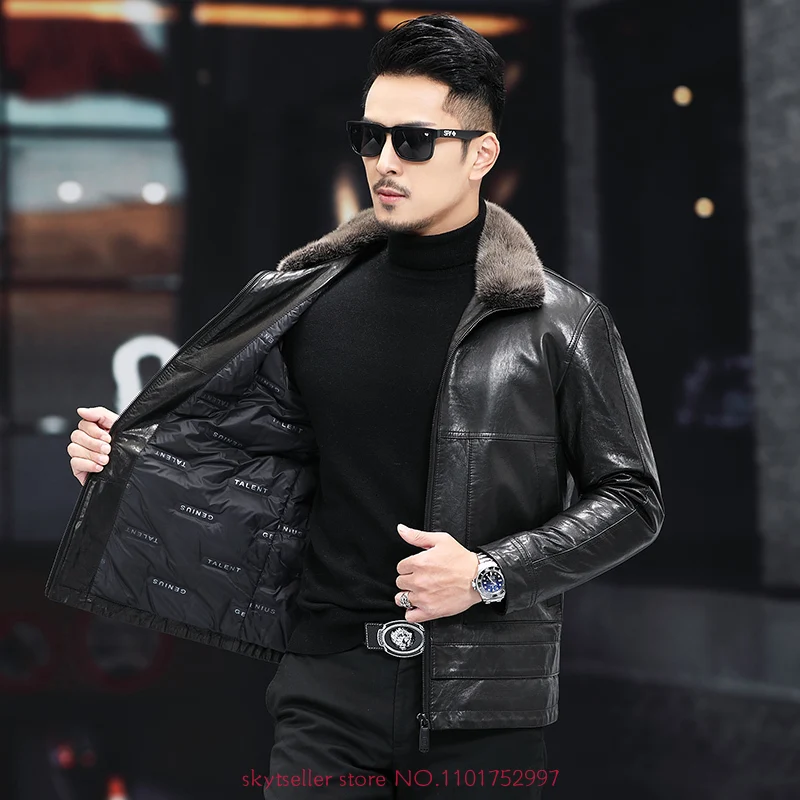 Высококачественная зимняя мужская куртка из натуральной кожи модный бренд