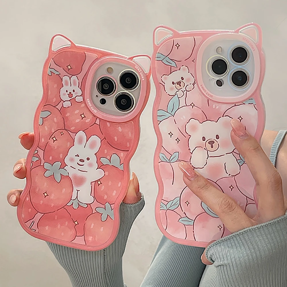 

Cute Rabbit Ear Curly Wave Clear Case For iPhone 11 13 12 Pro XS Max XR X Cartoon Bear Shockproof Clear Soft Silicone Cover