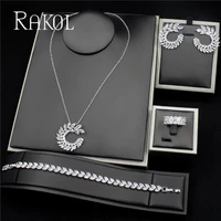 rakol luxury white cubic zircon leaf jewelry set for women fashion crystal bride engagement wedding party dress accessories