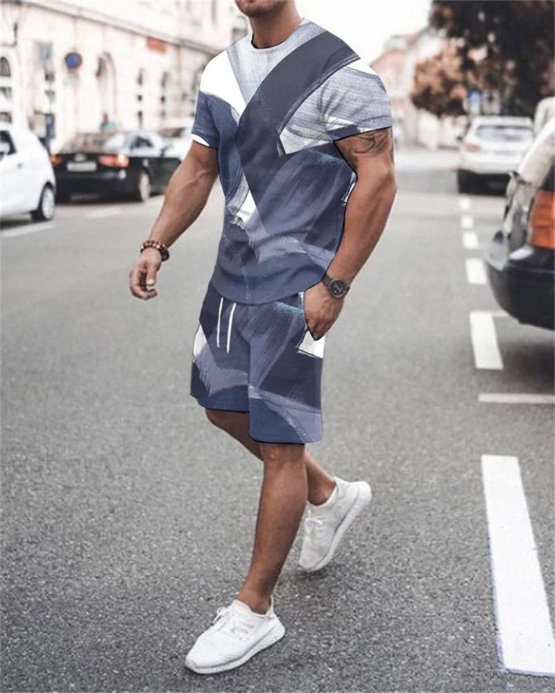 Summer Fashion Men's Suit Casual Beach Shorts Set 3d Print Stripe Short Sleeve T Shirt Round Neck Man Clothing 2 Piece Outfits